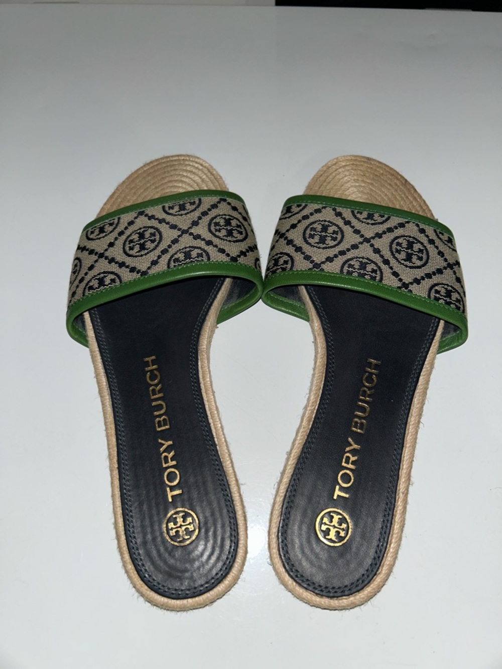 Tory Burch T Monogram Sandals Green and Beige Women's Slides Espadrille
